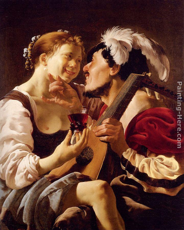 Hendrick Terbrugghen A Luteplayer Carousing With A Young Woman Holding A Roemer